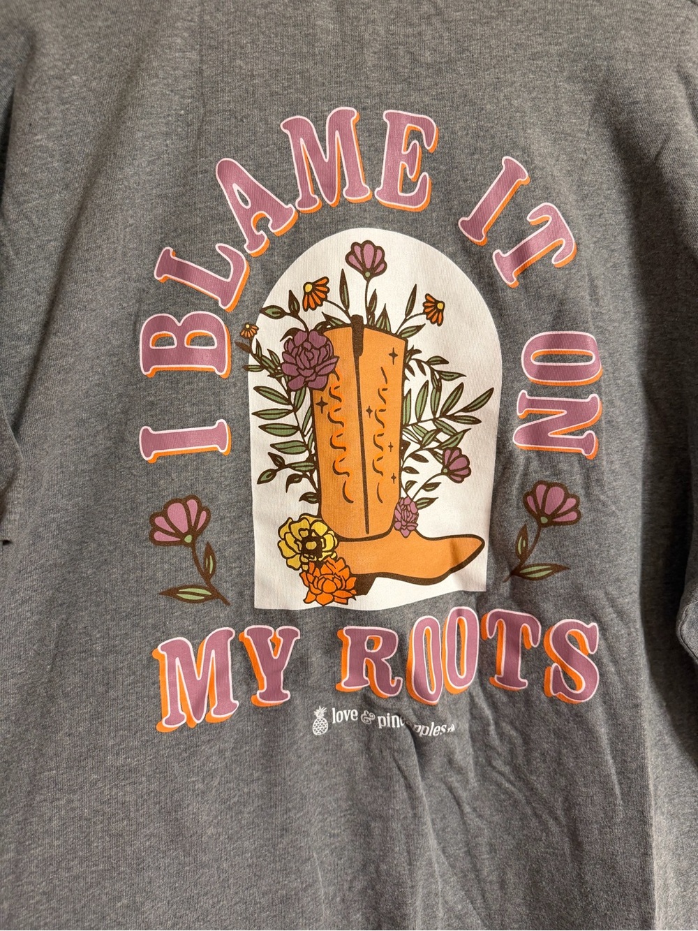 Love + Pineapples Gray Short Sleeve Tee - "I Blame It On My Roots" Graphic XL